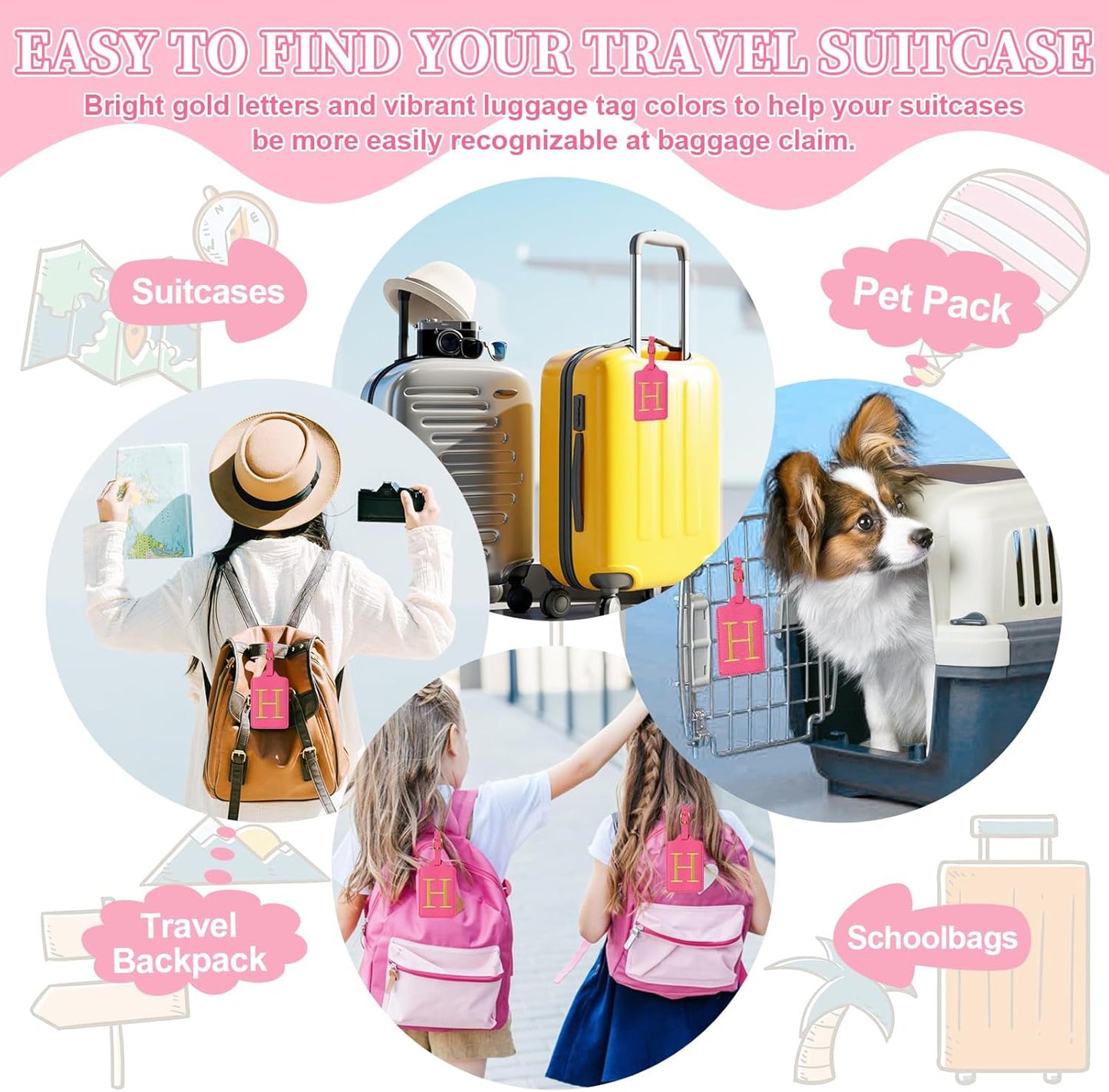 Personalized Initial Luggage Tags for Suitcase, Rose Red Leather Cute Luggage Tags with Privacy Cover Name Card, Embroidered Custom Monogram Luggage Tags Travel Backpack Tag Gifts for Women Kids(H)