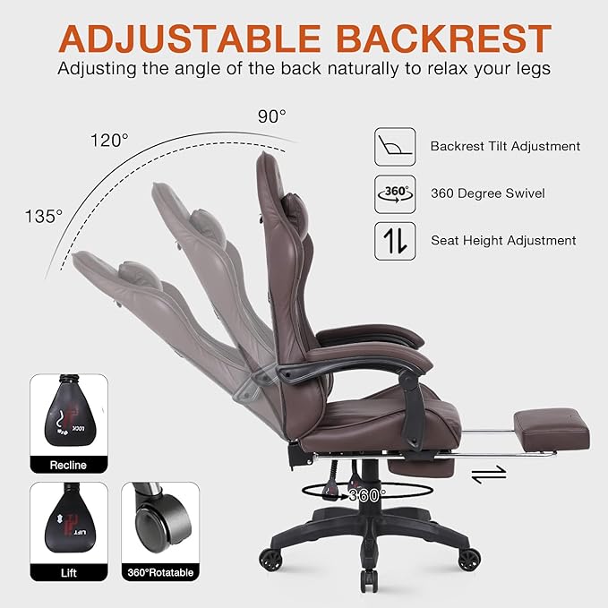 High-Back PC Gaming Chair Office Chair, Desk Task Chair Computer Racing Chair, PU Ergonomic Executive Swivel Rolling Chair with Lumbar Support for Women, Men (Brown)