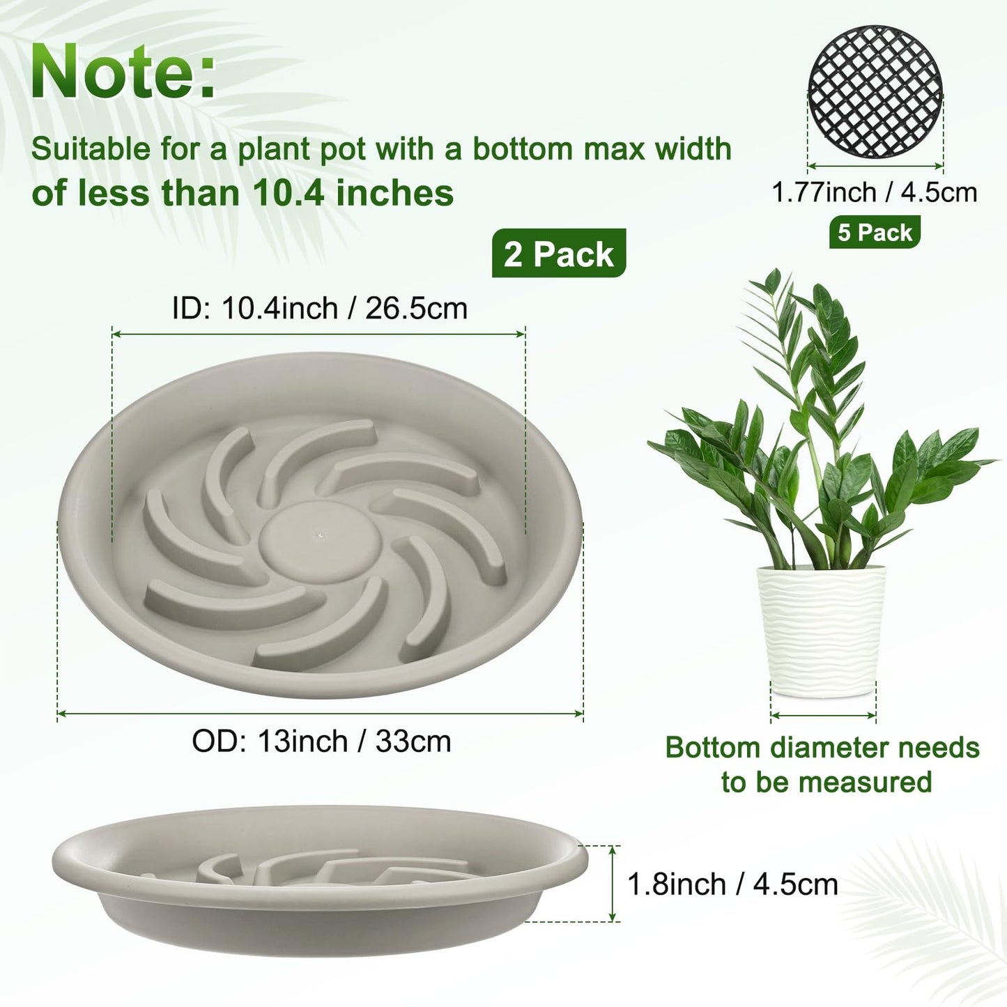 M METERXITY 2-Pack Plant Saucer, 10.4 Inch/ 26.5cm Plastic Plant Trays Thicker for Pots/Indoor/Outdoor/Water Drainage and Protection, Flowerpot Drip Tray [Grayish White]