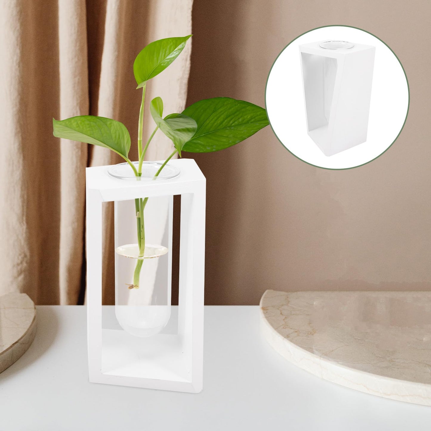 BESPORTBLE Hydroponic Plant Vase with White Wooden Rack, Glass Test Tube Propagation Station for Indoor Wall Garden, Small Terrarium Kit for Home and Office Décor