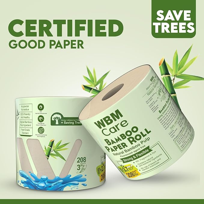 WBM Care Bamboo Paper Towels, Strong & Flexible 3-Ply, Designed for Sensitive Skin, Tree-Free, All-Natural & Healthy Bath Toilet Tissues, 200 Sheets, 20 Rolls