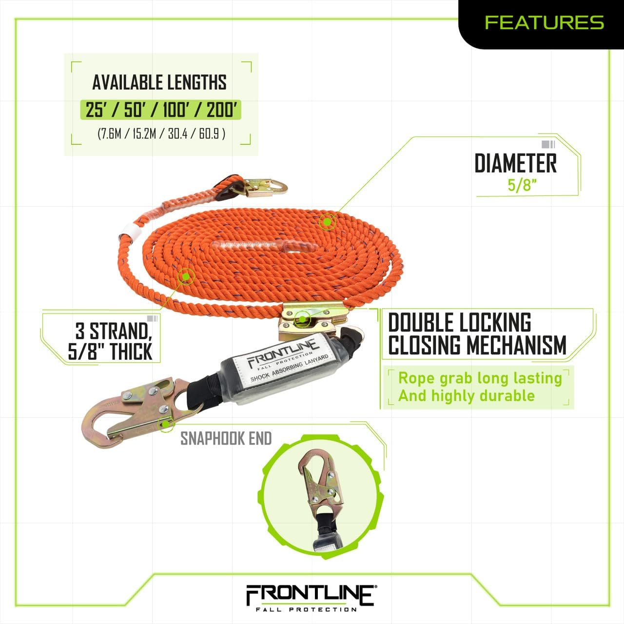 Frontline VLP25R3L Premium Vertical Lifeline with Openable Rope Grab 25' and Shock Pack | High Strength Rope | Fast and Easy Set-up | Double Locking Closing Mechanism | OSHA & ANSI Complaint