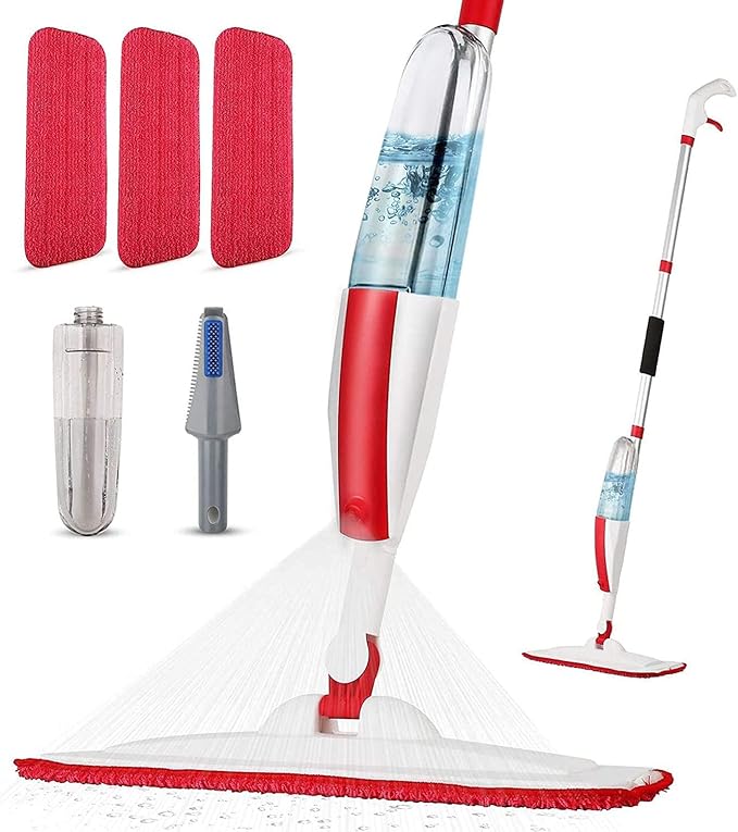 Spray Mops for Floor Cleaning Floor Mop with a Refillable Spray Bottle and 3 Washable Microfiber Pads Home or Commercial Use Dry Wet Flat Mop for Hardwood Laminate Wood (RED)