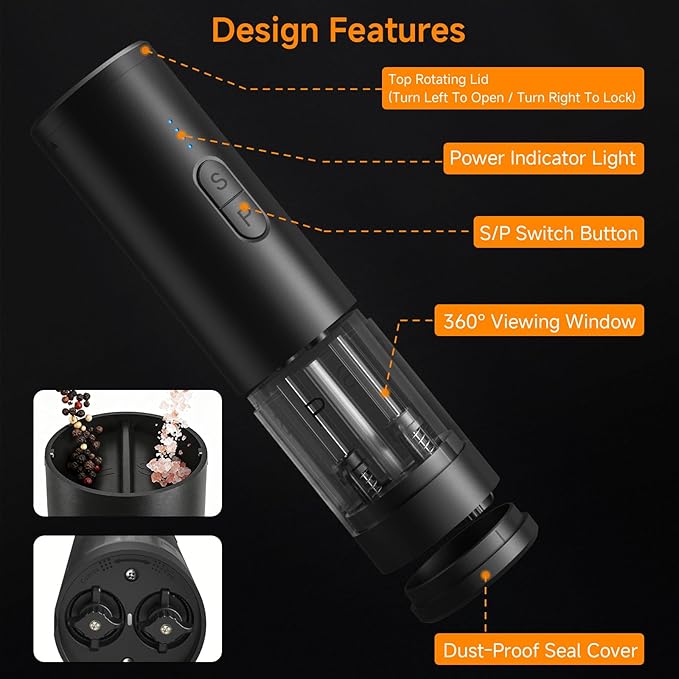 Electric Salt and Pepper Grinder Set Shakers 2 IN 1-Rechargeable Automatic Pepper Mill,with LED Lighting,Adjustable Grinder,Large Capacity-Ideal for Kitchen,BBQ,Ideal Kitchen Gifts (Black)