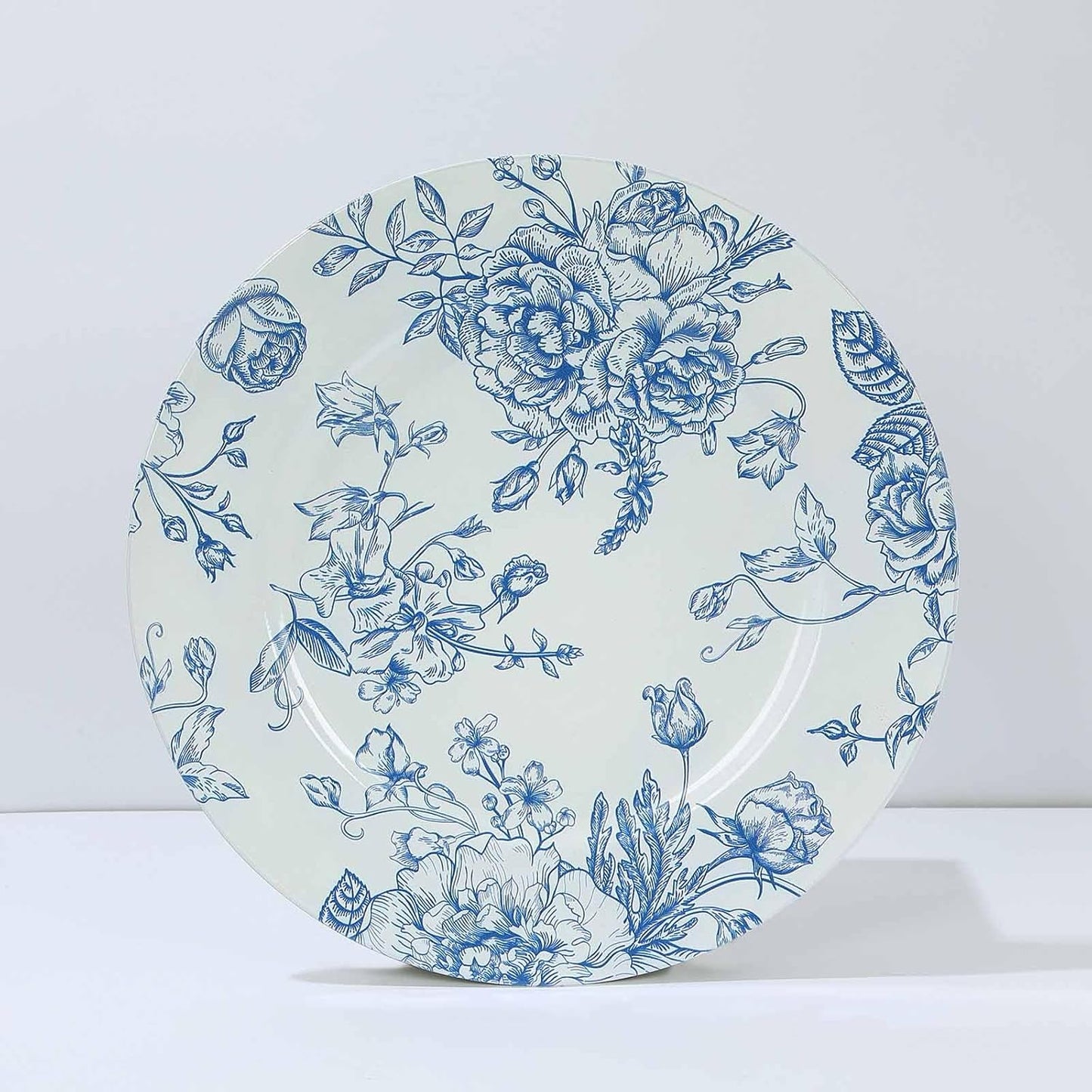 Efavormart 6 Pack White Blue Floral Acrylic Charger Plates in French Toile Pattern, Round Dinner Charger Event Tabletop Decor - 13"