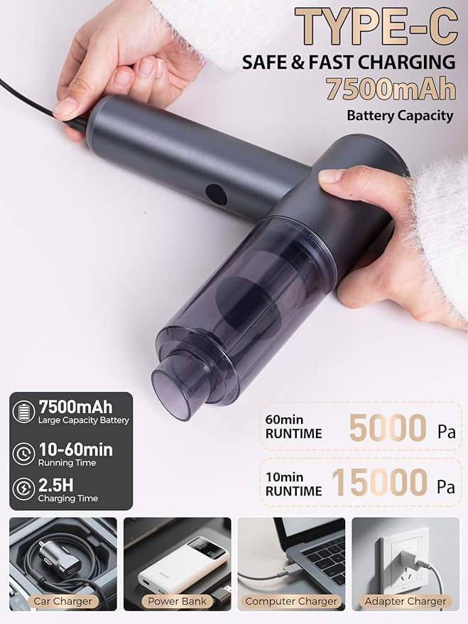 aokway Mini Vacuum Cleaner for Car, 15000PA Powerful Suction, Rechargeable Small Car Vacuum Portable Cordless, Handheld car Vacuum Cleaner & Air Duster for Home, Desk,PC, Keyboard