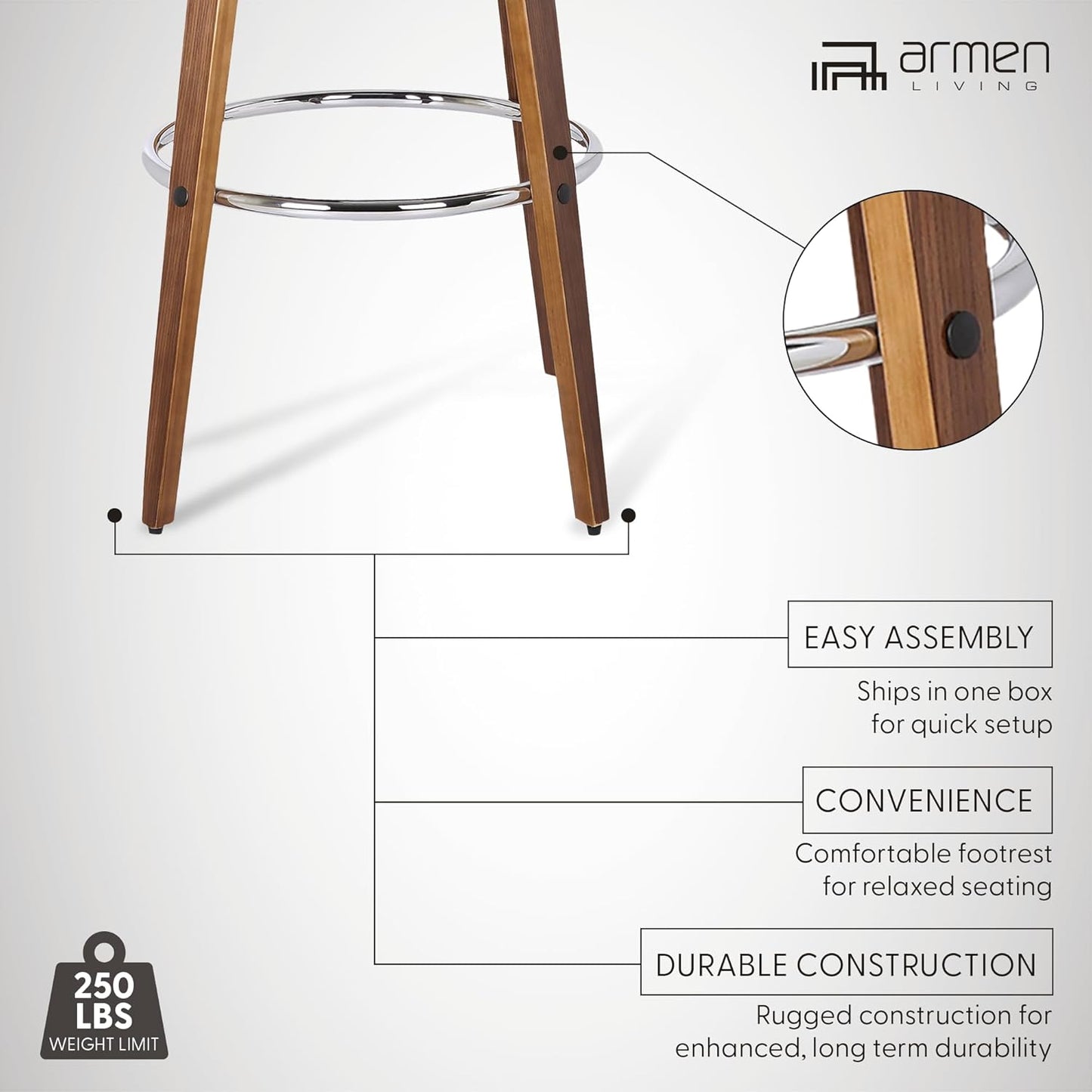 Armen Living Sonia 30" Bar Height Swivel Gray Faux Leather and Walnut Wood Bar Stool