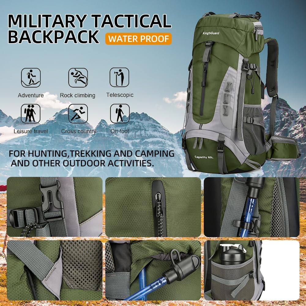 King'sGuard 60L Hiking Backpack Large Waterproof Camping Backpack for Men and Women Lightweight Frameless Backpacking Backpack with Rain Cover (Army Green)