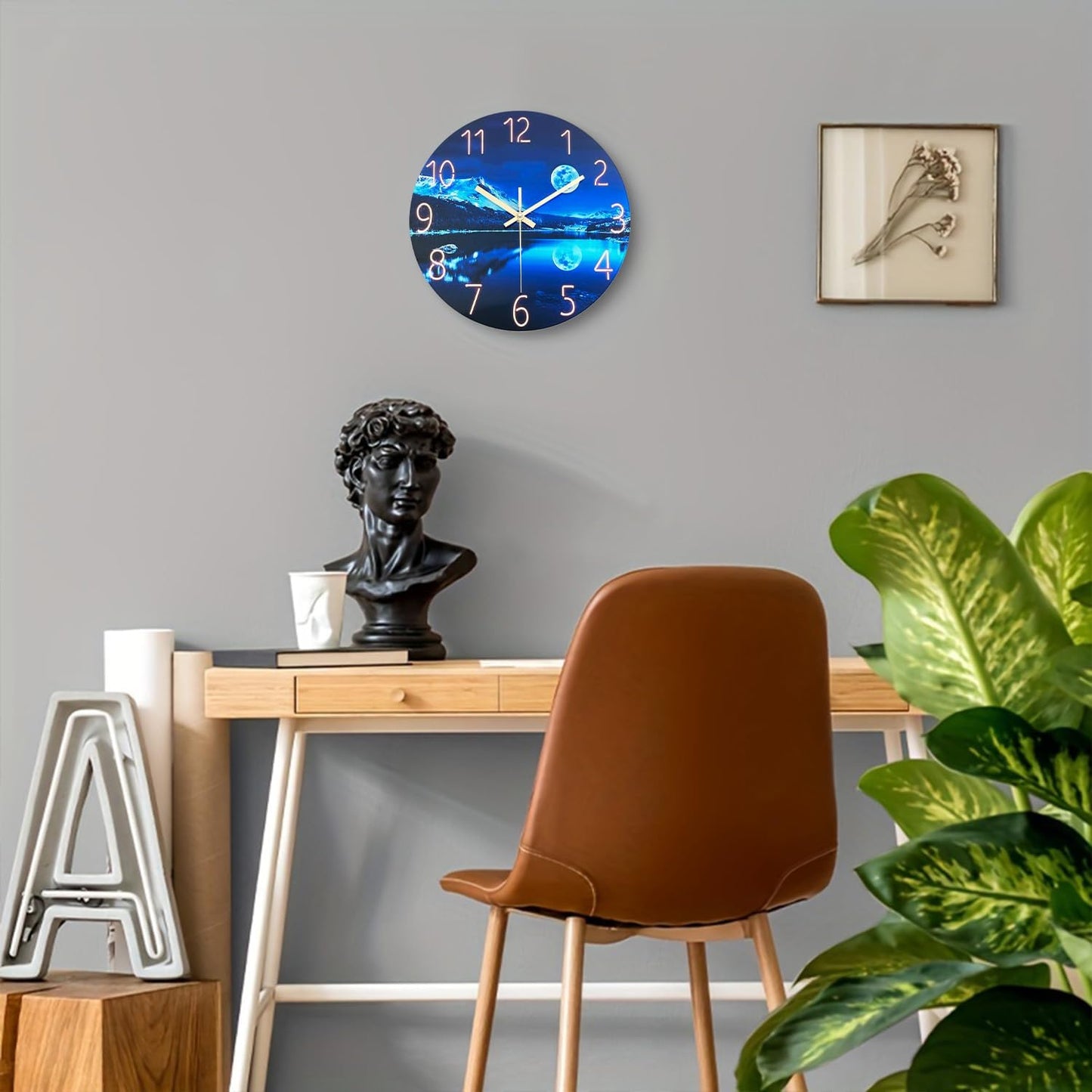 Blue Wall Clock for Bedroom 12 Inch Natural Landscape Round Analog Clock Battery Operated Moon Wall Clock Non Ticking