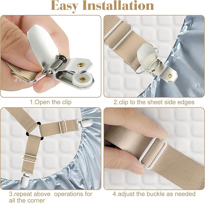 Morcheiong Bed Sheet Fasteners Straps - 4 Pack Adjustable Bed Sheet Holder Strap for Bedding Stays Bedsheet Tie Downs - Khaki/Brown