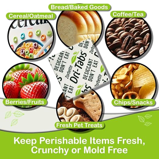 Dri-Tabs | Food-Safe Moisture Absorbers – Keep Fruits, Veggies, Snacks, Bread & More Fresher, Longer! Eco-Friendly, Plant Based Desiccant That Replaces Silica Gel Packets - 75pk (Green)