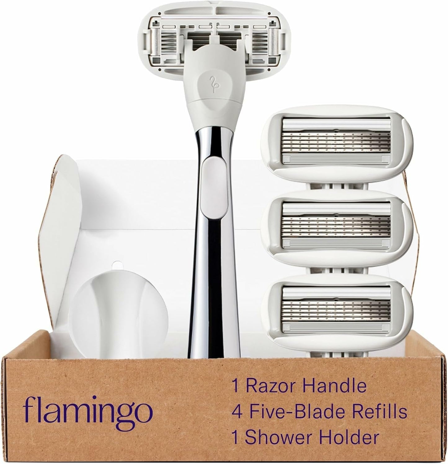 Flamingo Shaving Razor Set for Women - Razor Handle, 4 Razor Blade Refills, Shower Holder - Chrome