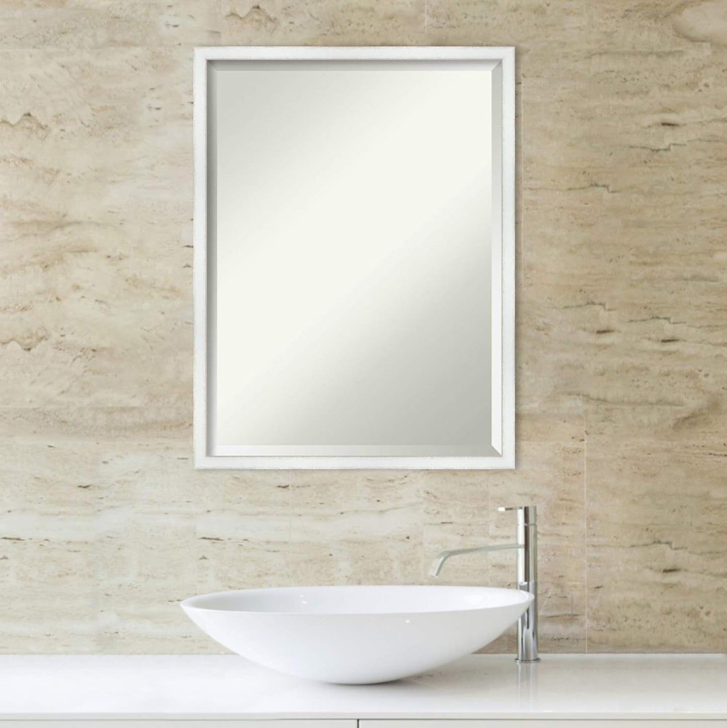 Amanti Art White Bathroom Mirror for Over Sink, 25x19 Breeze Distressed White Rectangle Vanity Mirror, Medium Country Rustic Wood Frame, Hangs Horizonally and Vertically, Bathroom Wall Decor, Beveled