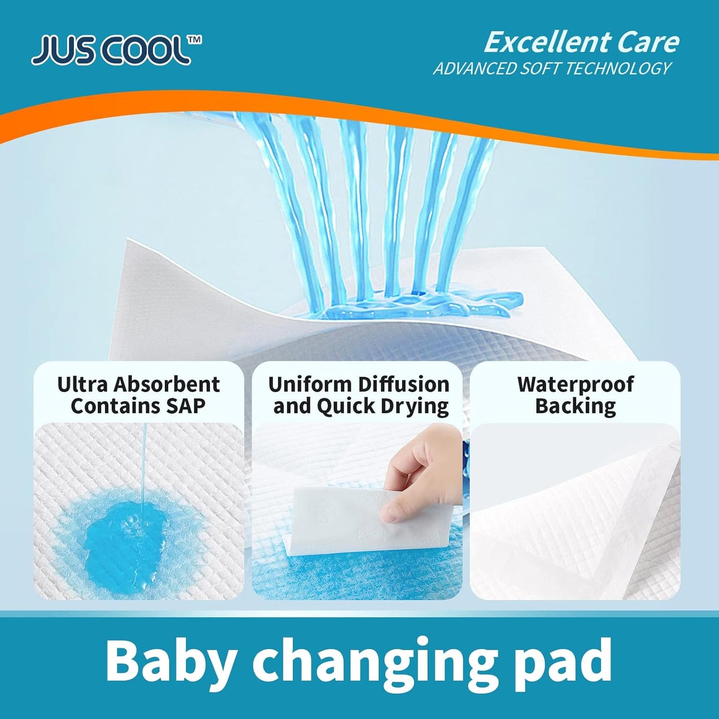 JUS COOL Baby Disposable Changing Pads, 24”x 24”(100 Count) Underpads Portable Diaper Changing Pads, Soft Bed Pads Ultra Absorbent and Waterproof