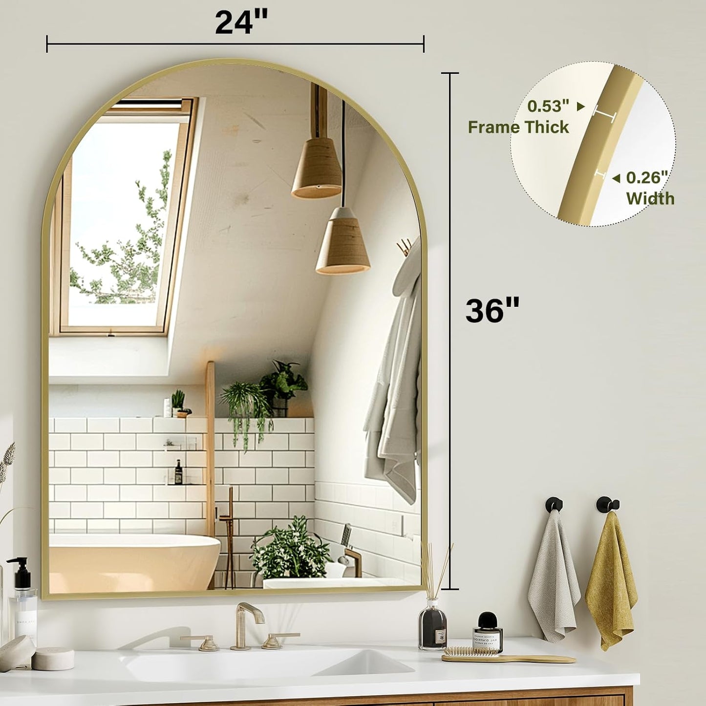 Arch Bathroom Mirror, 24x36 Inch - Wall Mounted Vanity Mirror with Aluminum Alloy Frame - Ideal for Living Room, Bedroom, Bathroom, and Entryway, Hanging or Leaning, Gold