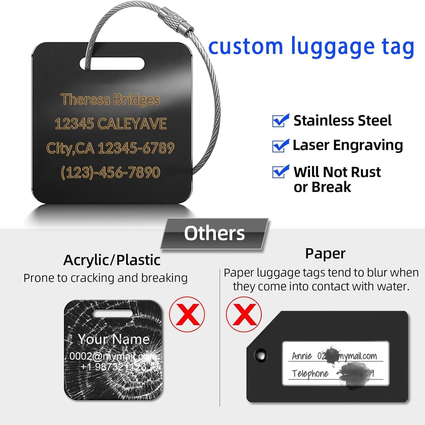 5 Pack Custom Engraved Luggage Tags, 3.8 x 2 inches Waterproof Personalized Luggage Tags, Aluminum Personalized Bag Tags for Suitcases/Backpack/Luggage Accessories [Black]