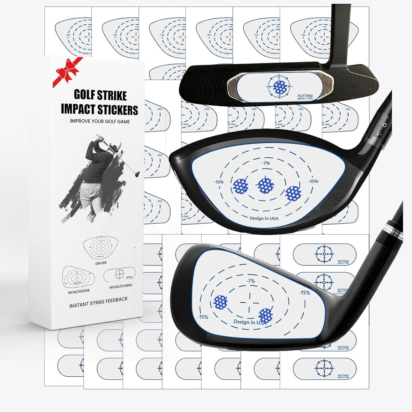 FINGER TEN Golf Impact Tape 75/150/375 Pcs Value Set Golf Club Impact Stickers Labels for Driver Woods Irons Putters, Self-Teaching Training Aid for Swing Practice