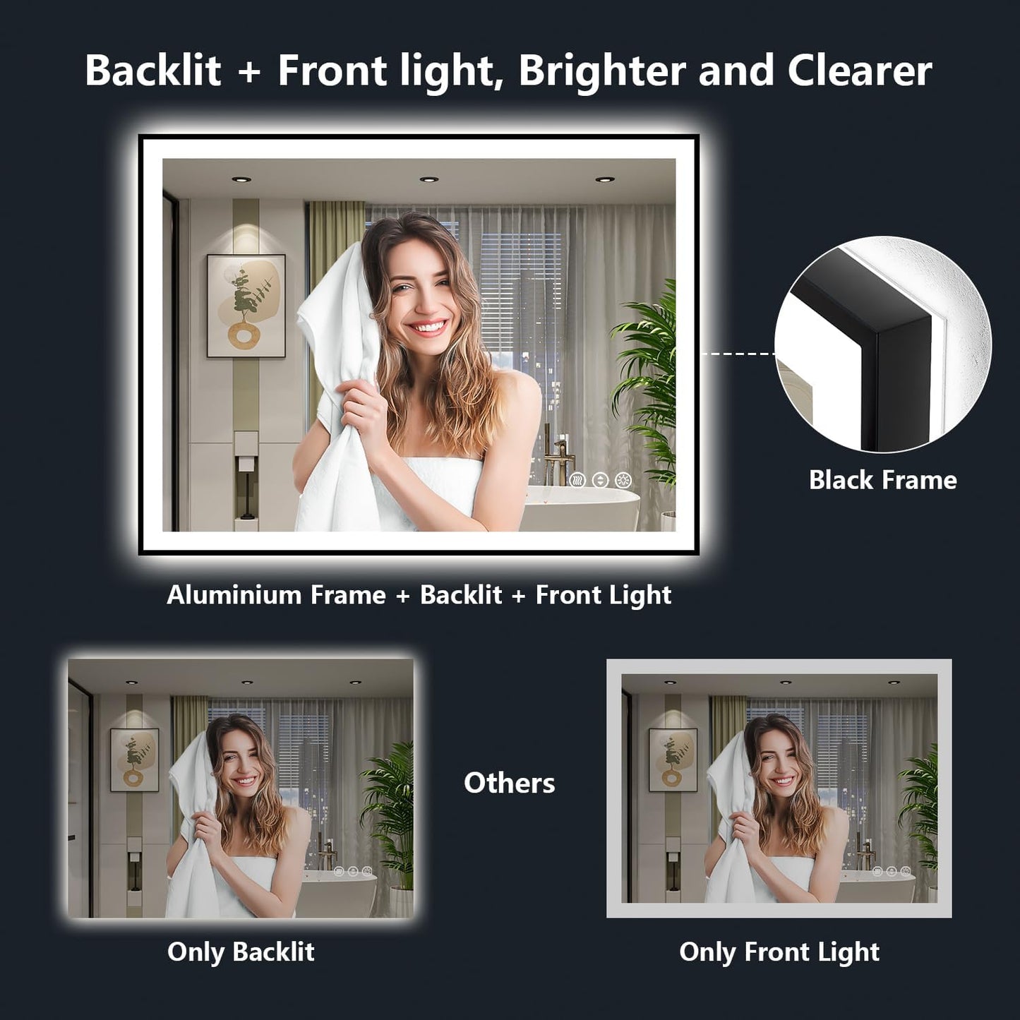 40x36 Inch LED Bathroom Mirror with Lights (Front Lit and Backlit) Black Framed Lighted Vanity Mirror for Bathroom Wall Dimmable Anti-Fog Memory Tempered Glass Horizontal/Vertical