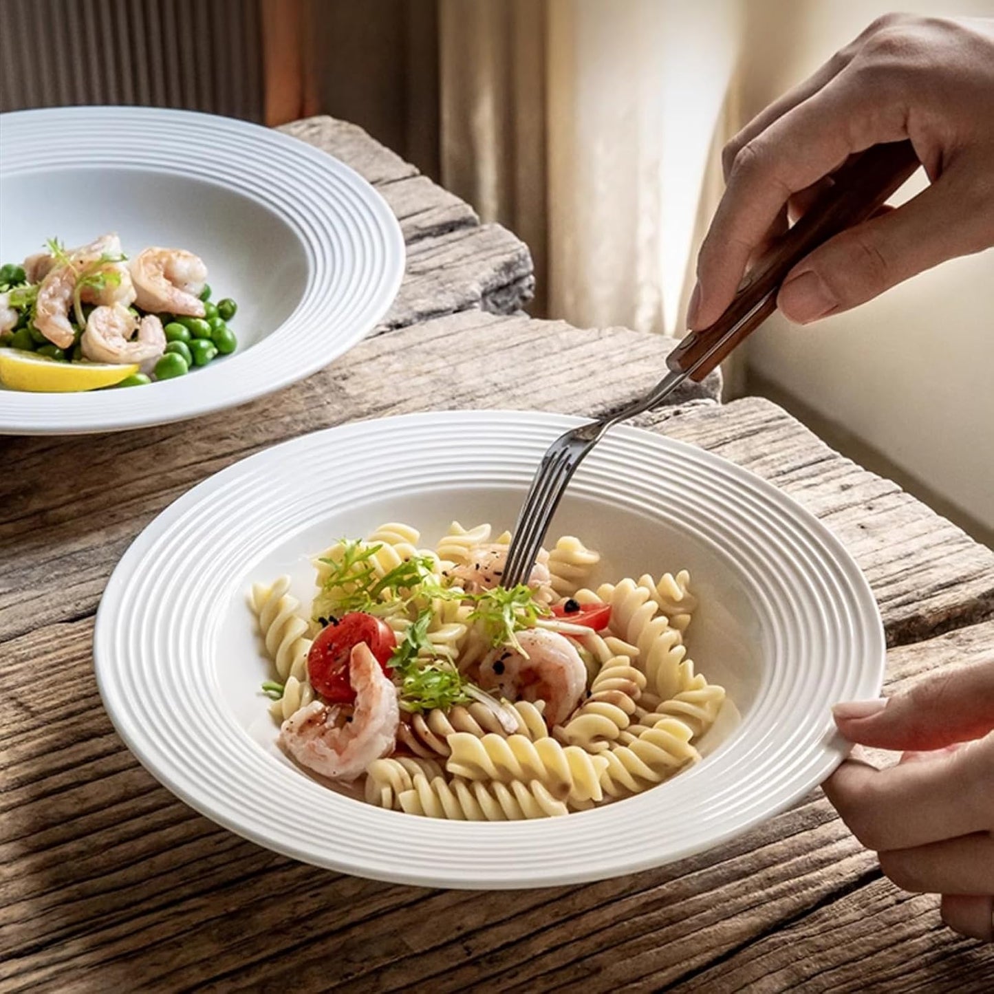 Pasta Bowls Plates Set of 6, 8.5inch Ceramic Plates tableware,Salad,Shallow Soup for Pasta, Soup, Microwave & Dishwasher Safe (6)