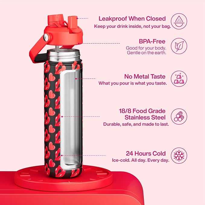 ENCOOL Valentine's Day Insulated Water Bottle with Straw Stainless Steel Water Bottle, Leak-Proof, BPA-Free, Keeps Cold for 24 Hours for Sports, Travel, School (26 oz, Kiss Love Red x Black)