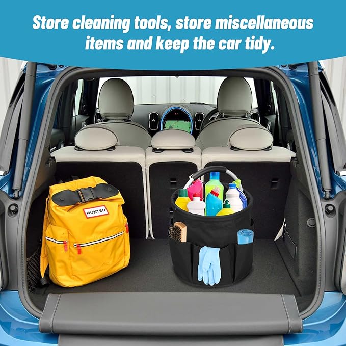 17L Cleaning Caddy with Handle,Foldable Tool Storage Basket,Garden Tool Organizer with 6 Pockets,Portable Cleaning Bucket Organiser for Storing Towels,Home Storage (Black)