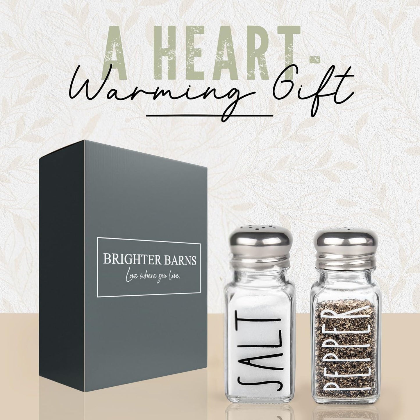 Clear Glass Salt and Pepper Shakers Set by Brighter Barns - Modern Kitchen Decor for Home Restaurant BBQ Camping RV - Farmhouse Kitchen Accessories - Glass Shakers & Stainless Steel Lids (Clear)