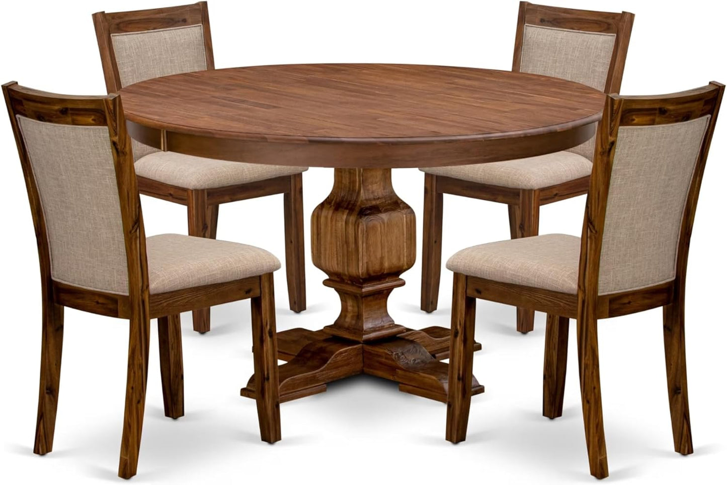 F3MZ5-50N-04 5-Pc Dining Room Set consists of a Pedestal Kitchen Table and 4 Light Tan Polyester Chairs with Padded Back - Antique Walnut
