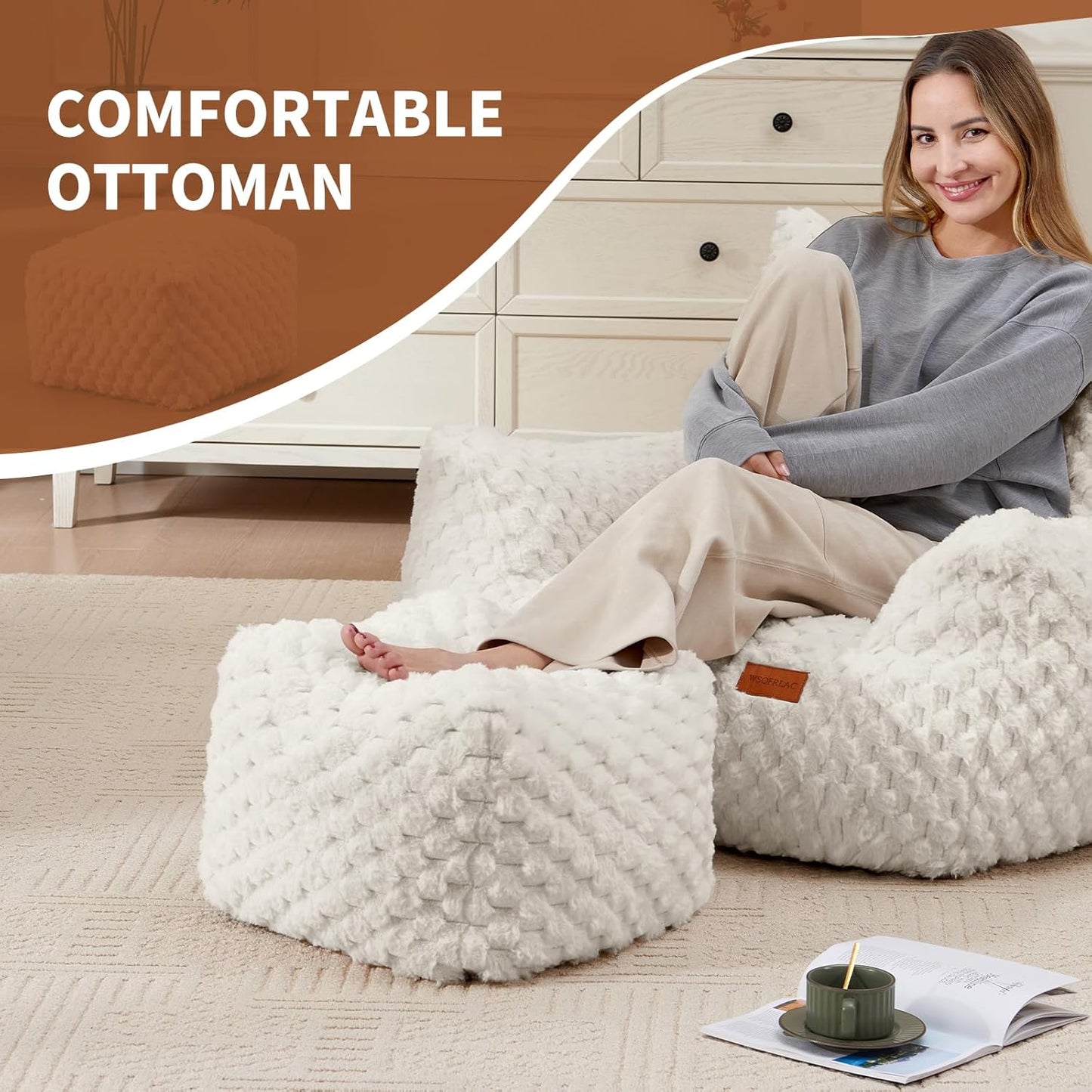 Bean Bag Chair Foot Rest, Modern Comfy Couch Sofa Ottoman for Adult, Faux Fur Foot Stool with Filler, Soft Cozy Footrest for Bedroom, Living Room