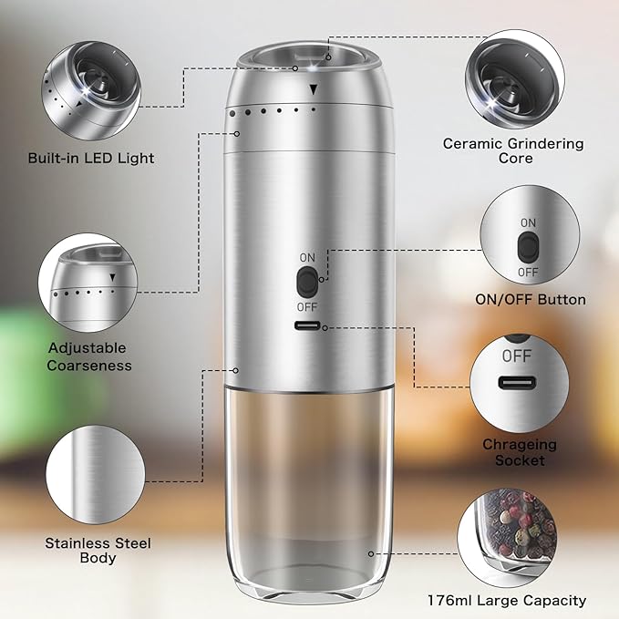Gravity Salt and Pepper Grinder Set, Electric Salt and Pepper Grinder, Refillable Pepper Mill with Adjustable Coarseness & LED Light, Upgraded Large Capacity Rechargeable Pepper Grinders for Kitchen
