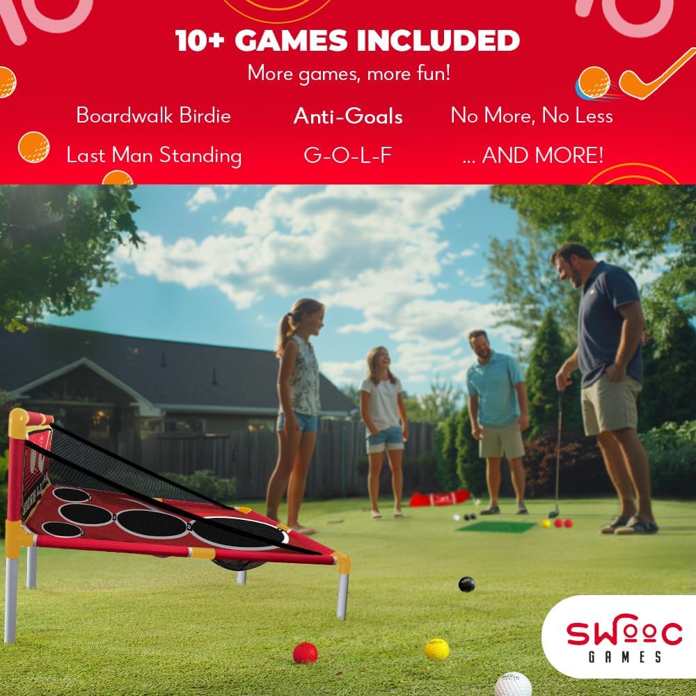 SWOOC Games - Boardwalk Birdie™ | Arcade Style Golf Game w/Easy Setup & 10+ Games Included | Cornhole Golf Chipping Game | Indoor & Outdoor Activities for Adults and Family | Backyard Fun