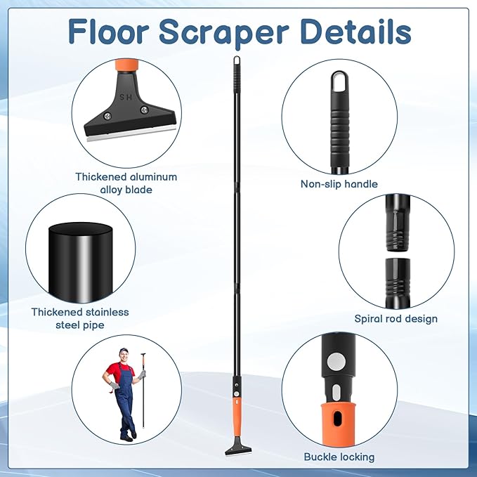 Floor Scraper Long Handle, 20 Floor Scraper Blades 4 Inch, 3 Pcs Wire Brush 1 Pcs Razor Blade Scraper Tool for Deep Cleaning Glass Wall Gum Paint Tile Glue Linoleum
