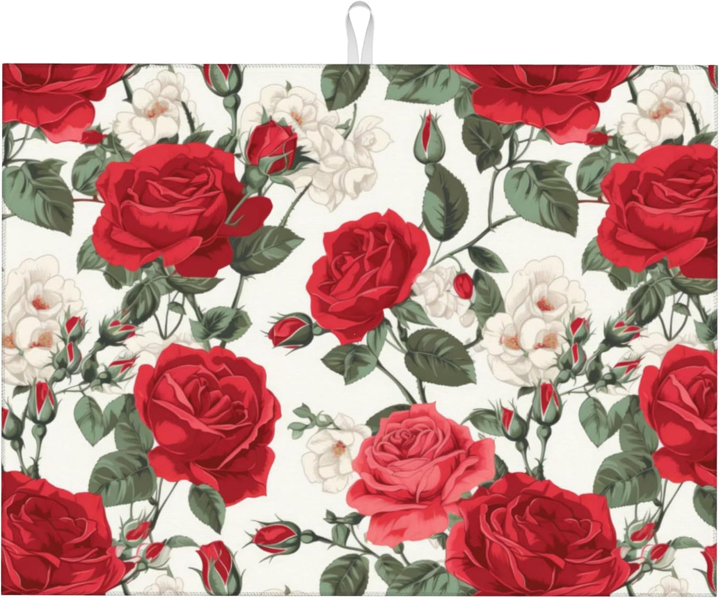 Large Dish Drying Mat for Kitchen Counter,18"X24" Red Rose Flowers Super Absorbent Reversible Microfiber Dish Drying Mat Dish Drainer Mat,Dishes Mat Drying Pad for Kitchen Countertop Coffee Bar