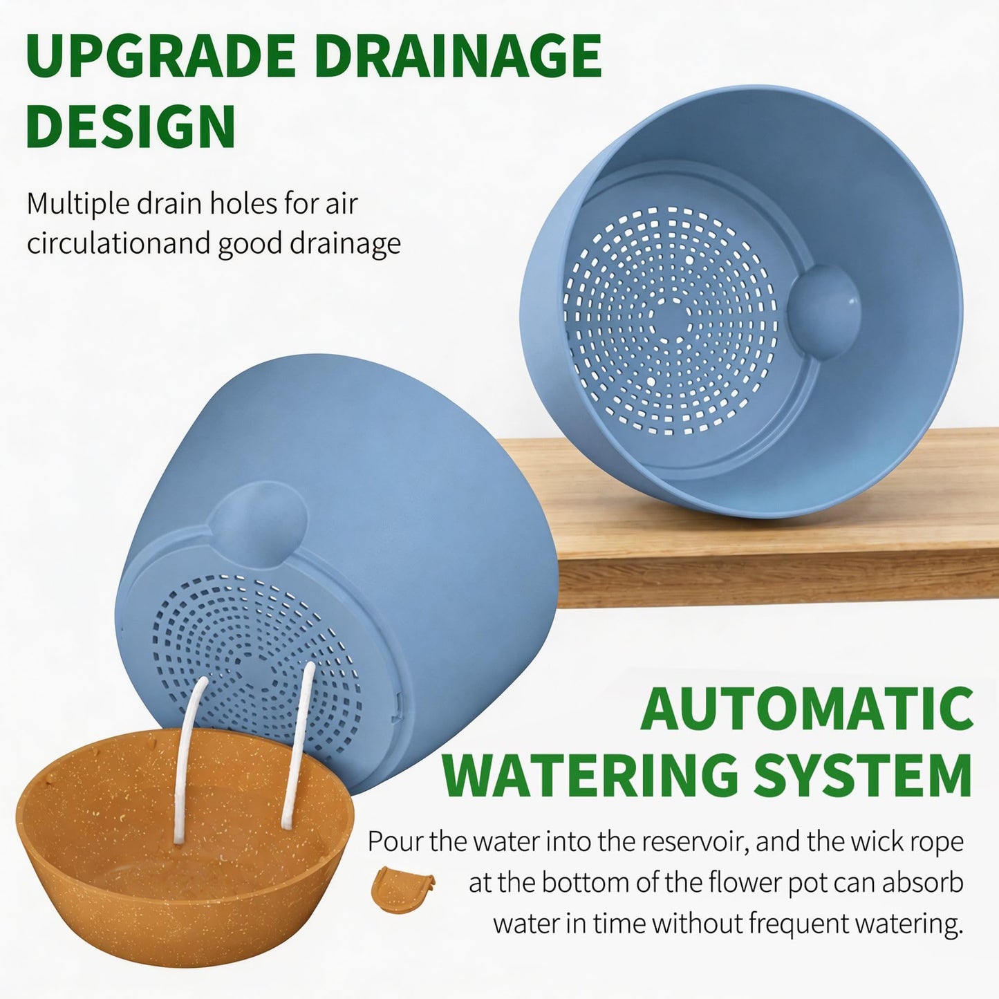 FIASON 12/10/9/8/6 Inch Self Watering Pots for Indoor Outdoor Plants, Set of 5 Large Plastic Planters with Visual Water Window, Drainage Holes & Watering Lip, Modern Decorative Flower Pots (Blue)