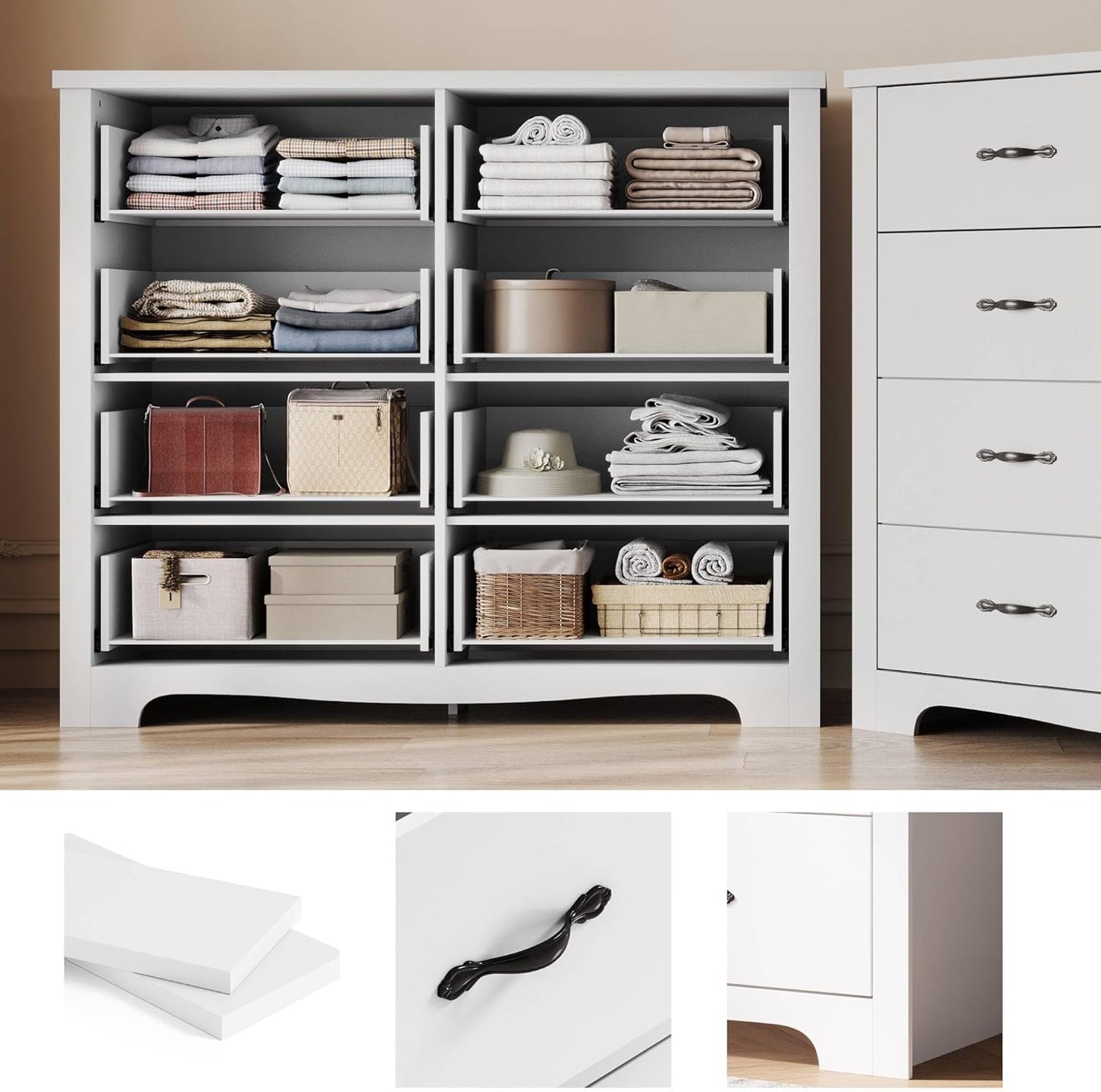 LINSY HOME 8 Drawers Dresser for Bedroom, 47" Wide Rustic Wood Dressers & Chests of Drawers, 40" Tall Modern Storage Dresser with Antique Handles for Closet, Living Room, Hallway, White