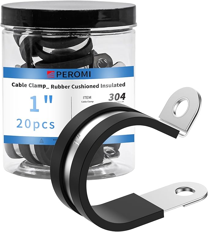 20PCS 1" Double Cable Clamps with updated Riveted Reinforce, 304 Stainless Steel Rubber Cushioned Insulated Loop Pipe Wire Clamps