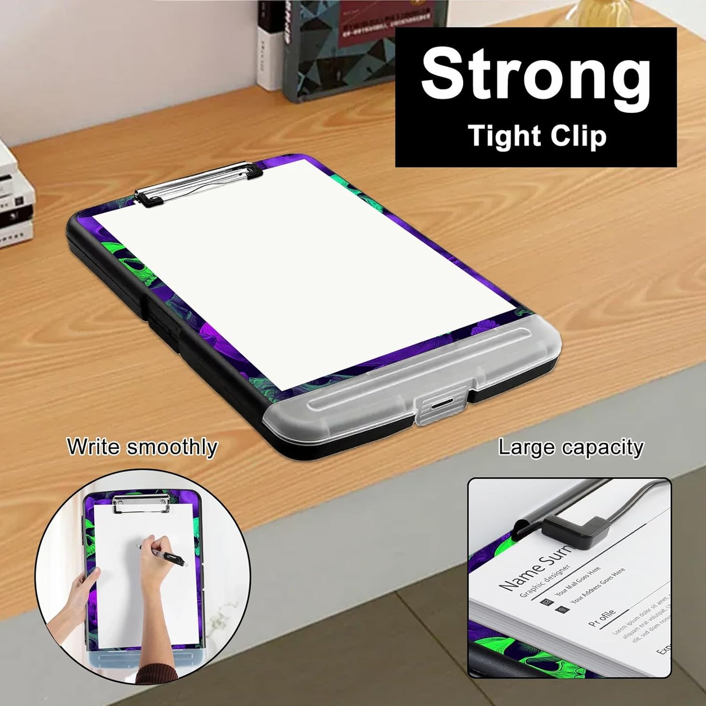 Clipboard with Storage - Large Capacity,Nursing Clipboard with Pen Holder,Heavy Duty,Plastic Side-Opening Folder for Teacher,Nurse - Green Purple Skull