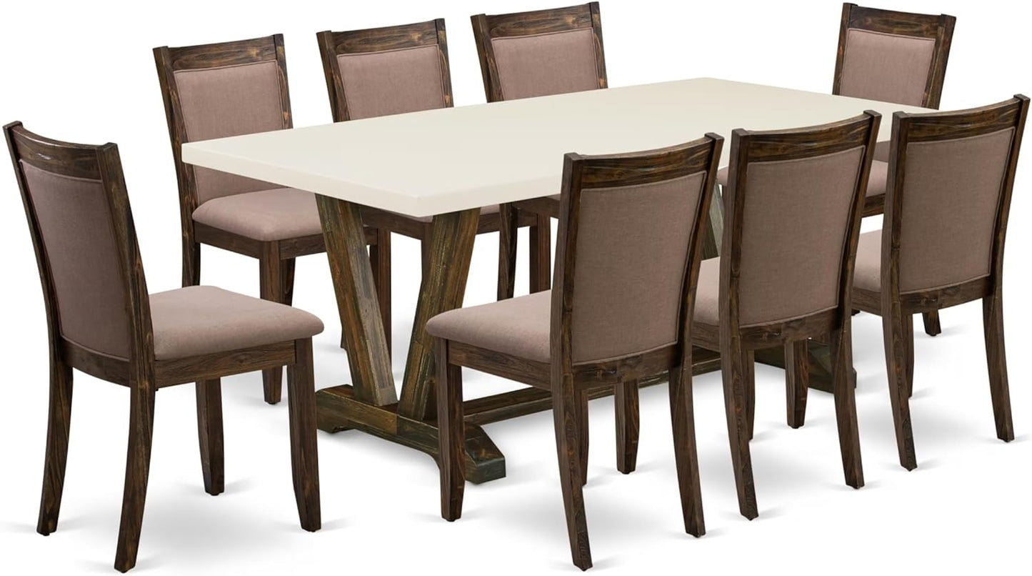East West Furniture V727MZ748-9 9 Piece Dining Room Furniture Set Includes a Rectangle Dining Table with V-Legs and 8 Coffee Linen Fabric Parsons Chairs, 40x72 Inch, Multi-Color