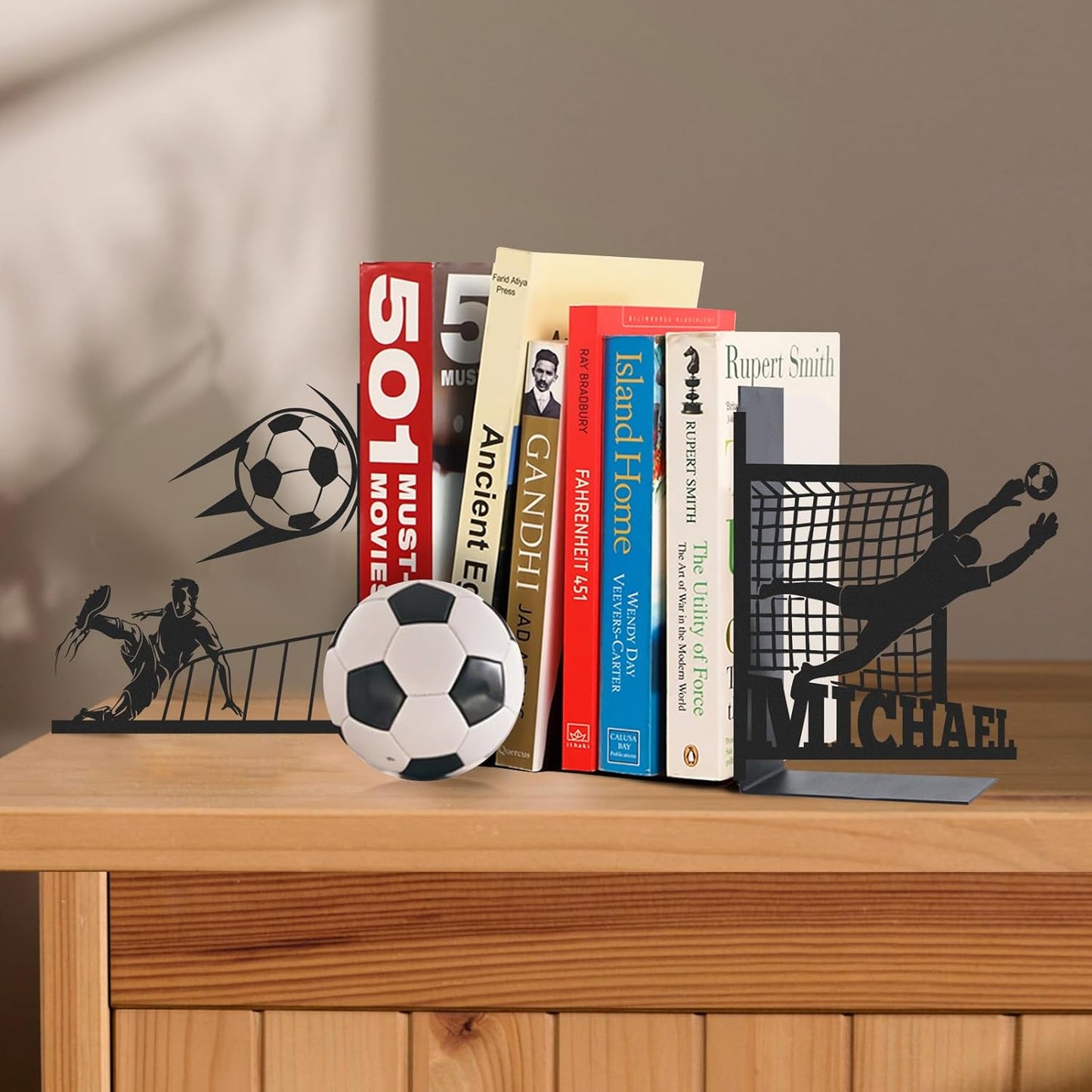 Personalized Metal Book Ends for Shelves 2 Pcs, Custom Soccer Theme Decorative Bookends with Name, Non-Slip Book Stopper, Desk Book Organizer, Black Book Holders for Home Office, Gifts for Men