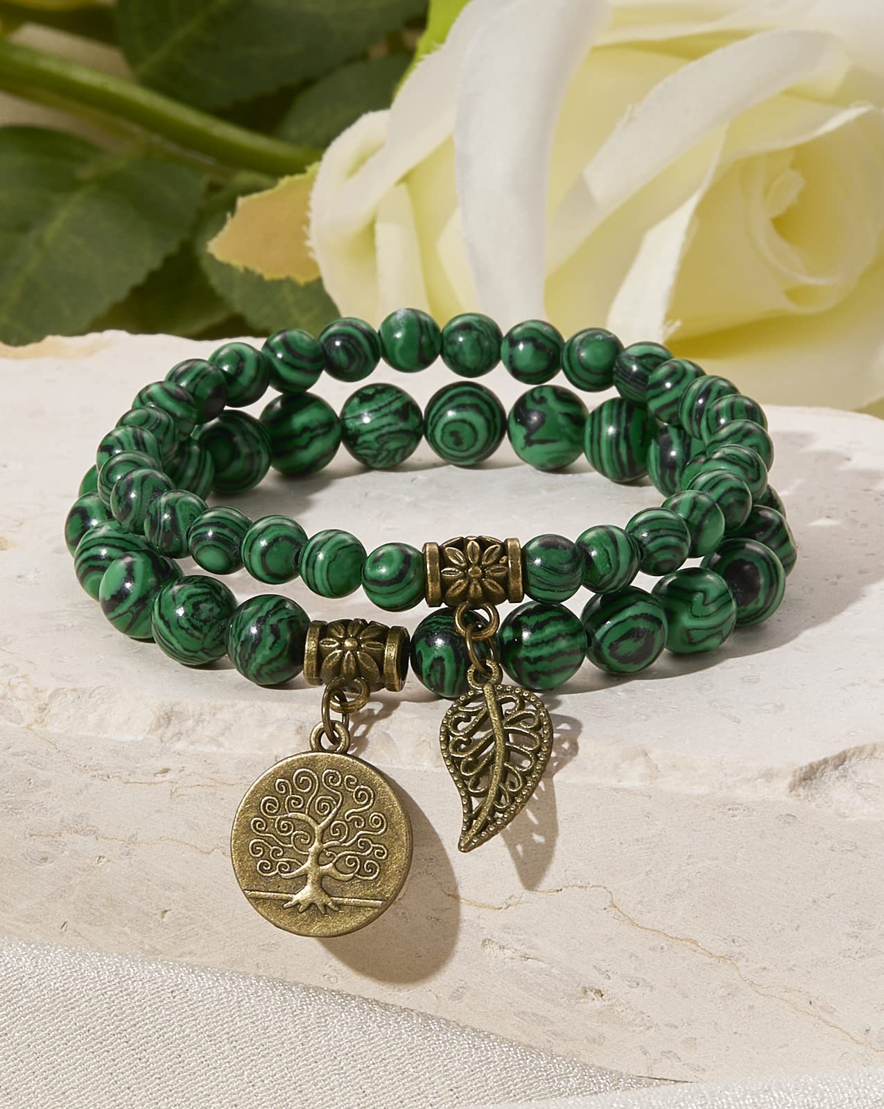 Bivei Natural Semi-Precious Gemstone Malachite Beaded Bracelets - Life Tree and Leaf Charm Crystal Beads Stretch Bracelet for Women Protect Negative Energy