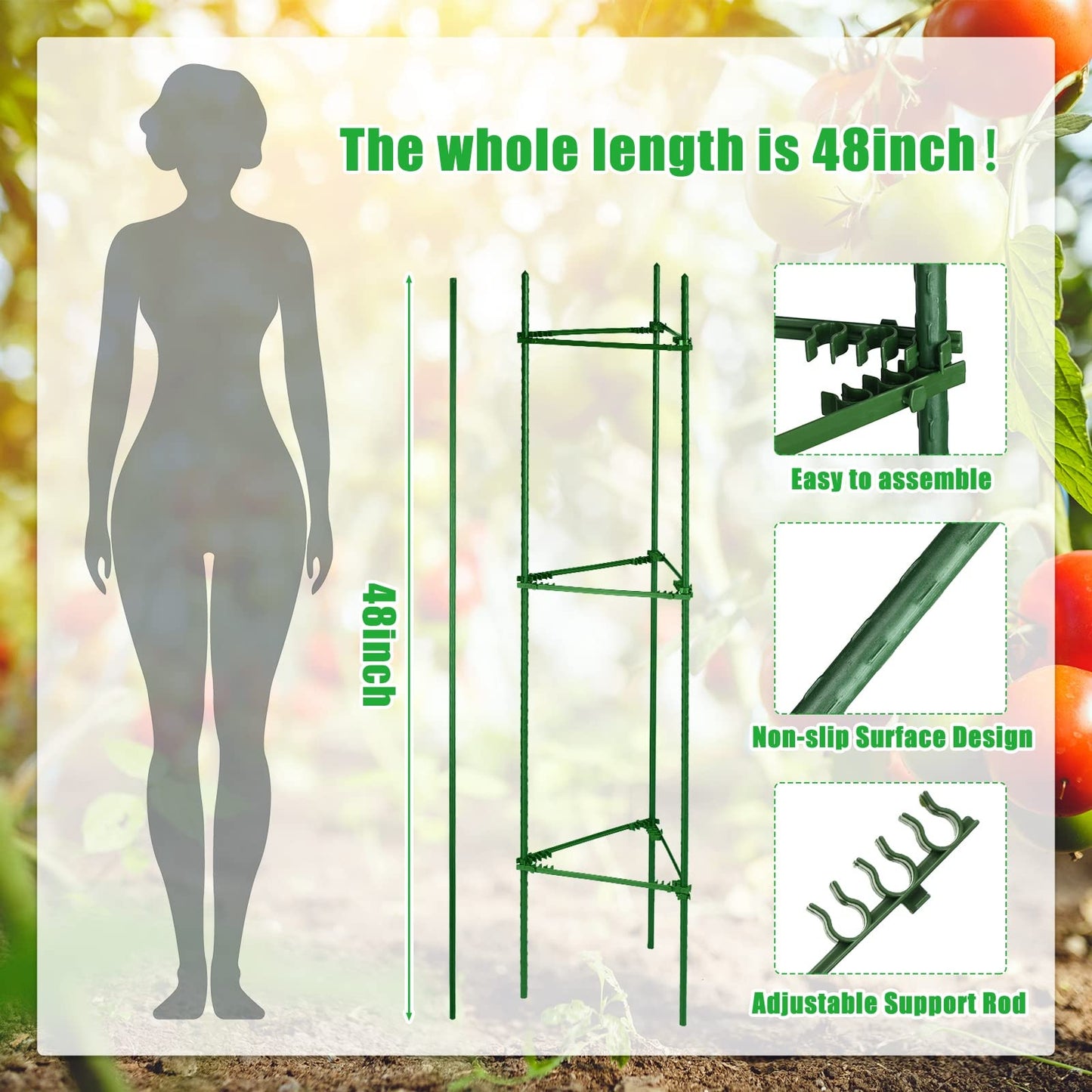 10 Packs Tomato Cages for Garden Support Up to 48" Tomato Plant Stakes Support with Adjustable Snap Arms Clips Plastic Coated Alloy for Outdoor Beans Potted Climbing Plant Supplies(Green)
