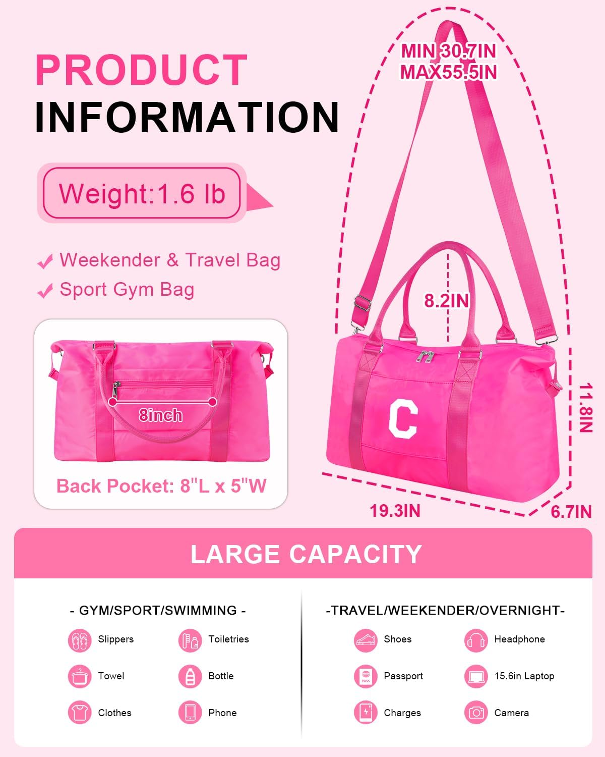 Overnight Bag for Kids Teen Girls Weekender Dance Bag Birthday Graduation Gifts,Initial Travel Duffel Bag Sports Gym Bag Personalized Weekender Bag Carry On Bags Preppy Gifts for Women(Hot Pink, C)