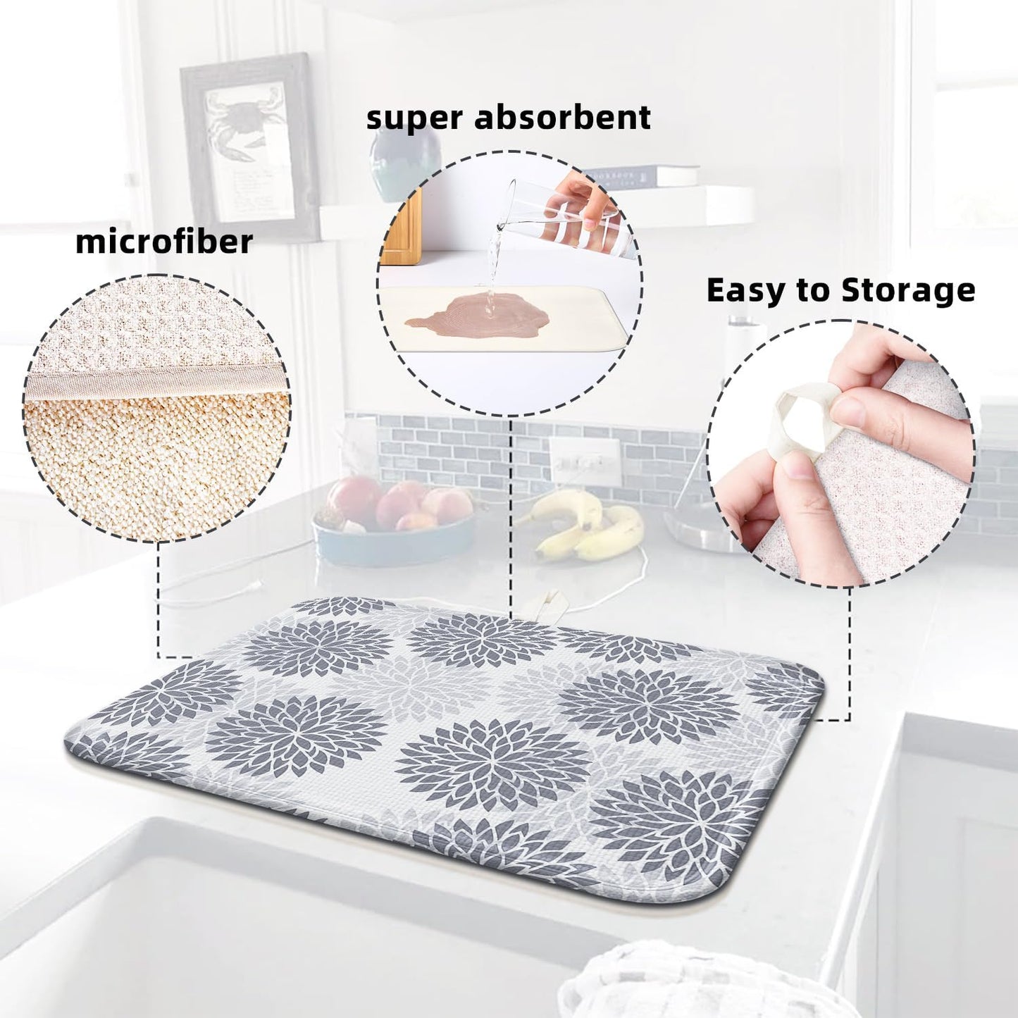 Boho Floral Spring Small Dish Drying Mat for Kitchen Counter 16''x18''Microfiber Absorbent - Foldable, Quick-Dry, Non-Slip, Compact Kitchen Drying Pad for Dishes, Countertops, and Cookware