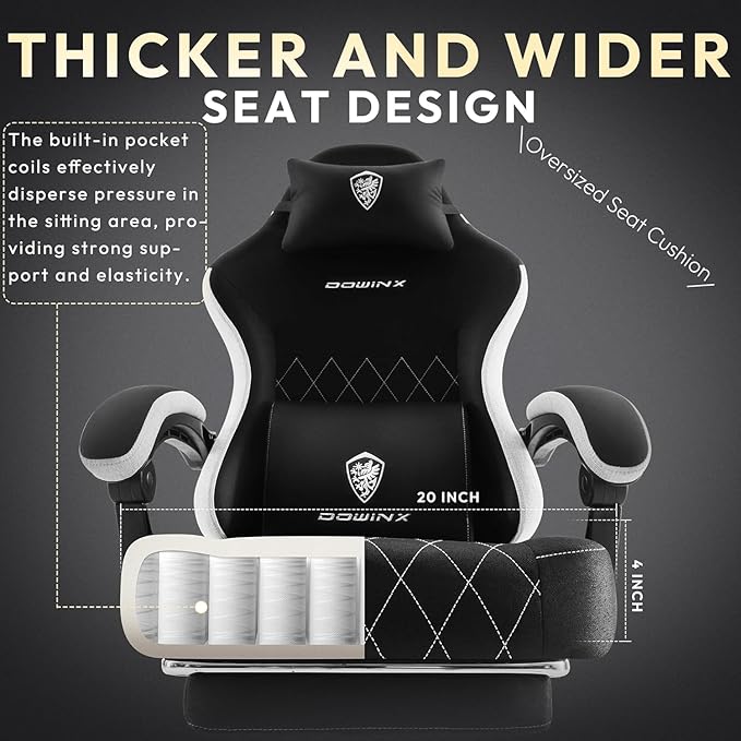 Dowinx Fabric Gaming Chair, Computer Office Chair with Pocket Spring Cushions and Lumbar Support, Ergonomic Massage Gaming Chairs with Footrest for Big and Tall, Black