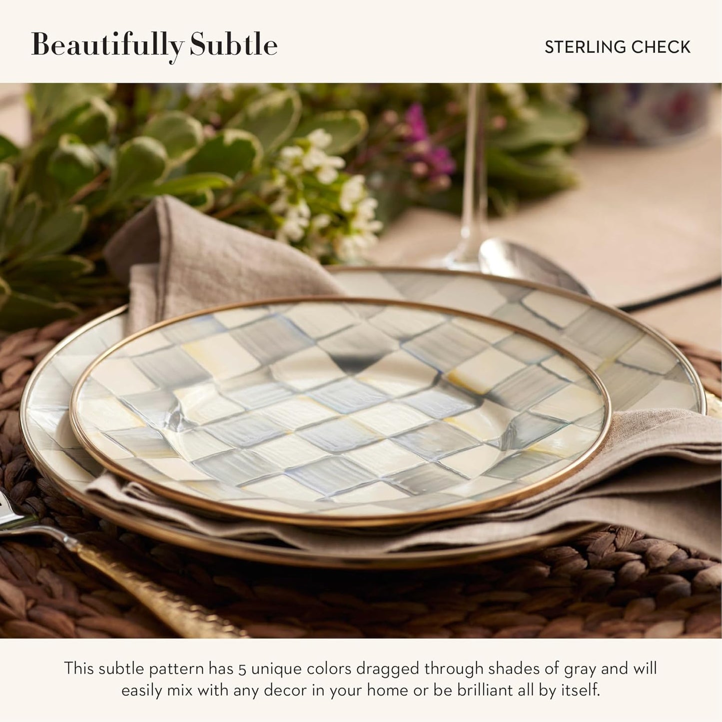 MACKENZIE-CHILDS Enamel Dinner Plate, Decorative Dinnerware Plate, 10 Inches, Set of 1, Gray-and-White Sterling Check