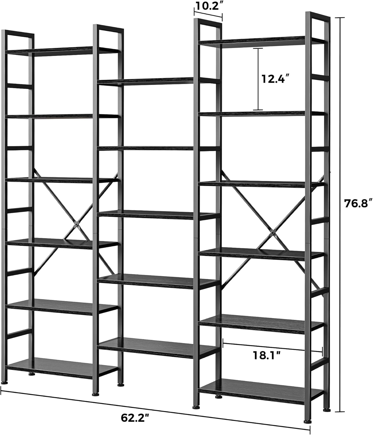 SUPERJARE Triple 6 Tier Bookshelf, Bookcase with 17 Open Display Shelves, Wide Book Shelf Book Case for Home & Office, Black