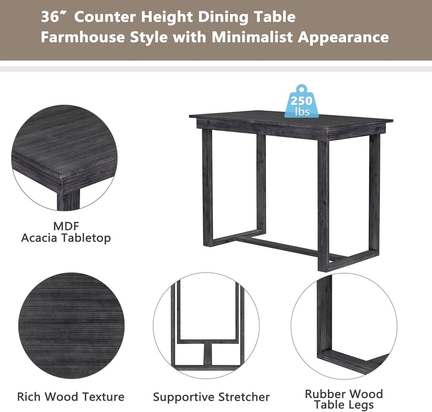 Merax Farmhouse Counter Height 5-Piece Dining Set with 1 Rectangular Table and 4 Upholstered Chairs for Small Places, Family Kitchen Furniture, Gray