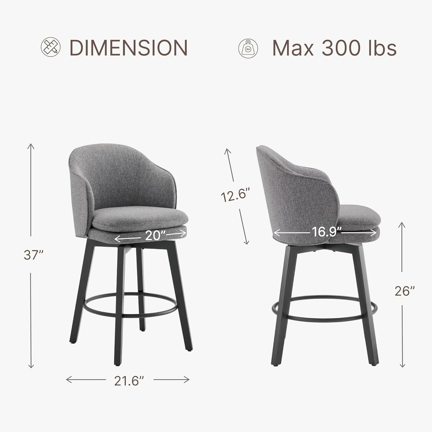 Counter Height Barstools 26 inch Upholstered Swivel Bar Stools with Back and Wood Legs for Kitchen Island,Set of 1,Dark Grey Fabric