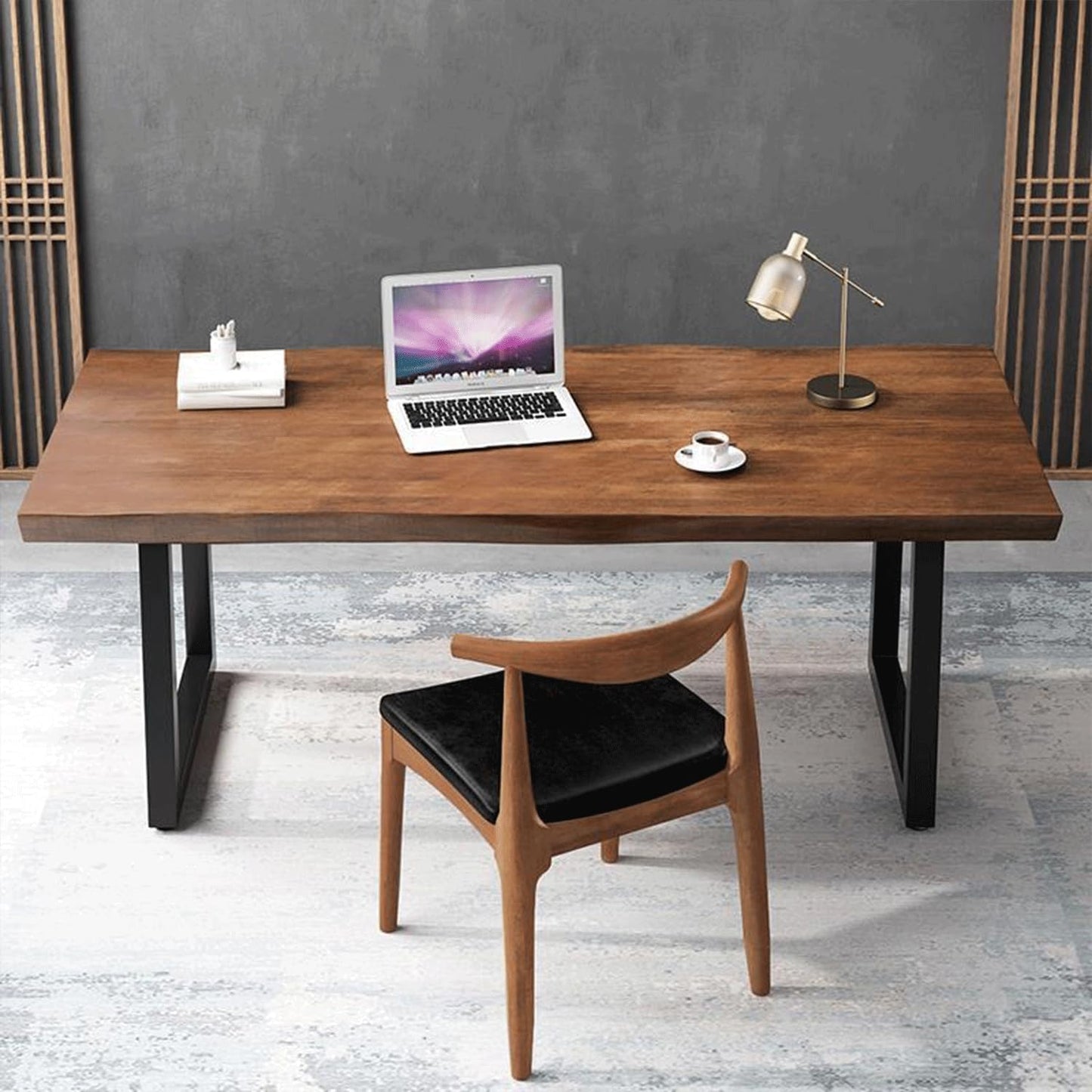 Modern Minimalist Solid Wood Office Desk with Metal Base Easy to Assemble Durable Writing Table Dining Table Computer Desk Multiple Ideal for Living Room and Dining Room (47inch)