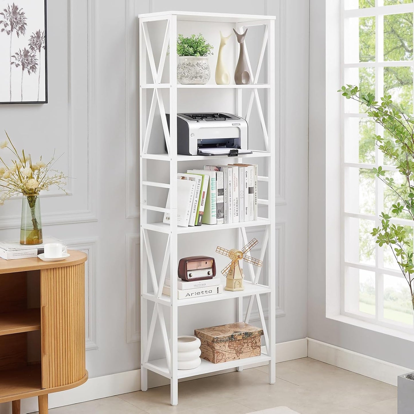 HOMISSUE Tall Bookshelf, 6-Tier Book Shelf, Rustic Wood Metal Bookshelves and Bookcases, Freestanding and Industrial Open Bookcase for Home Office, Living Room and Bedroom, Vintage, White