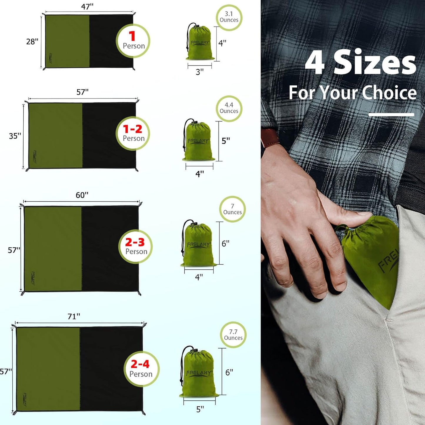 Frelaxy Pocket Picnic Blanket, Waterproof Sandproof Beach Mat, Compact Camping Tarp for Festivals, Hiking, Travel, Outdoor Recreation